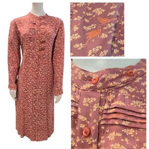 Vtg April Cornell Dress S Button Front floral Birds Mauve Cottagecore Prairie